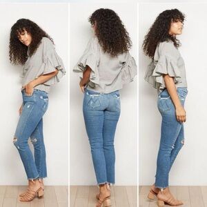MOTHER Blue Cropped Distressed Jeans